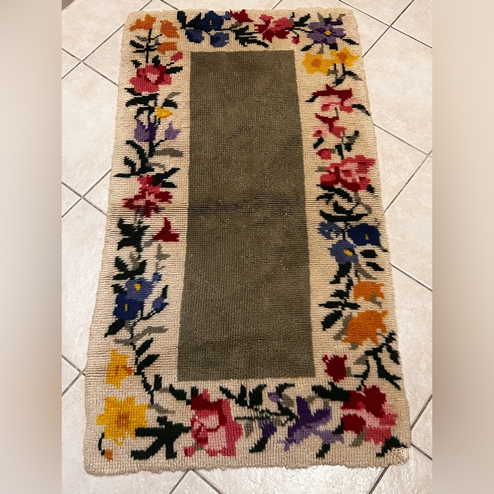 Vintage Floral Hooked Rug in Olive, Cream, Red, Blue, Yellow